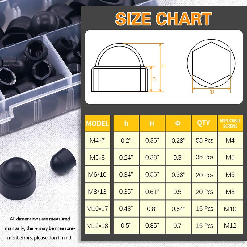 Rustark 160 Pcs Bolt Covers Screw Caps Assortment Kit M4 M5 M6 M8 M10 M12 Plastic Black Fitting Caps Nylon Insert Locknut for Matching Screws or Bolts with Storage Box - Image 2